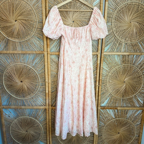 Storia Blush Pink Floral Puff Sleeve Midi Dress SZ S - Picture 1 of 6